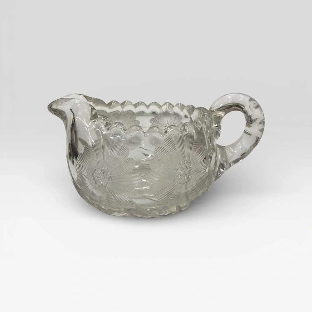 TIFFIN Mckee Sawtooth EAPG Creamer Crystal Etched Sunflower Vintage EUC